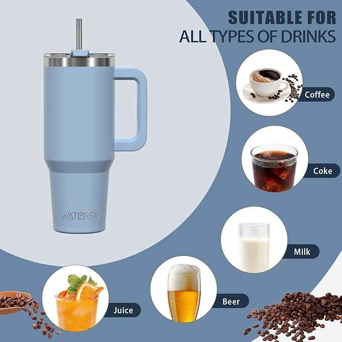 20 oz Tumbler with Handle,Tumbler with Lid and Straw,Double Wall Insulated Cup Stainless Steel Travel Mug(Cold for 34 Hours),Water Bottle for Iced Tea,Coffee,Cold Beverages(Smog Blue)