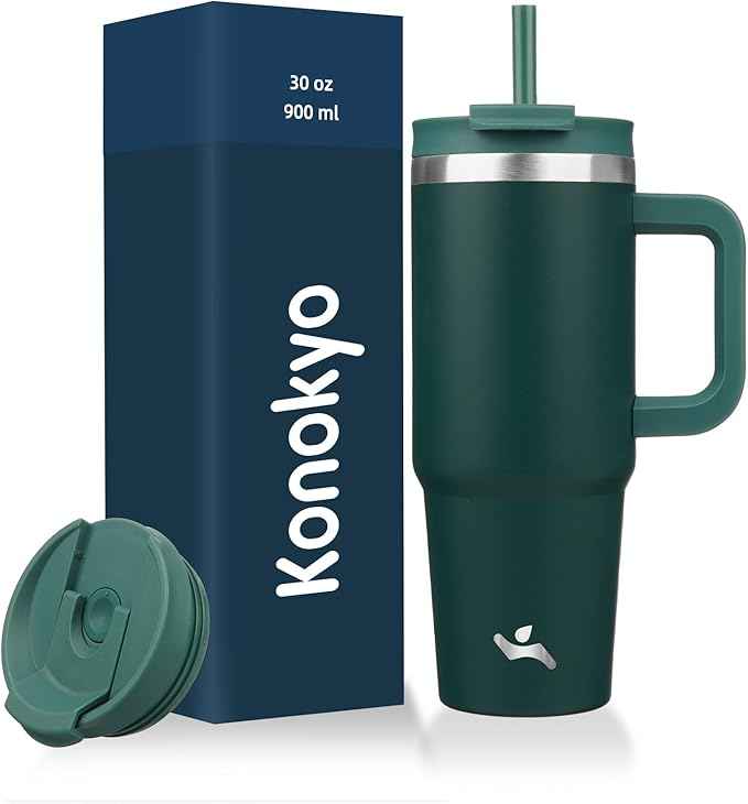 Konokyo 30 oz Tumbler with Handle and 2 Straws,2 in 1 Lid Insulated Water Bottle Stainless Steel Travel Coffee Mug,Dark Green