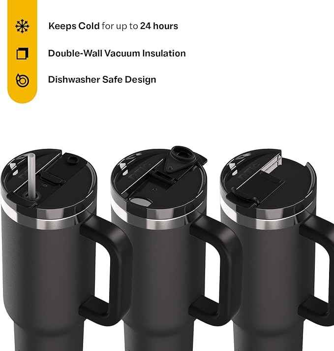 RTIC 40 oz Road Trip Tumbler Double-Walled Cermaic Lined Insulated Stainless Steel Portable Travel Coffee Mug Cup with Lid, Handle and Straw, Black