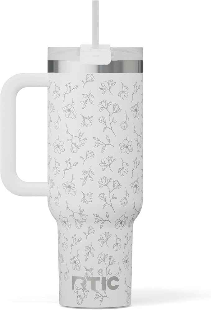 RTIC 40 oz Road Trip Tumbler Double-Walled Cermaic Lined Insulated Stainless Steel Portable Travel Coffee Mug Cup with Lid, Handle and Straw, White Magnolias