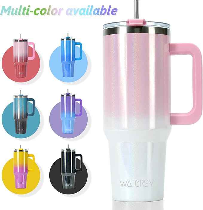 40 oz Shiny Tumbler with Handle and Straw,Stainless Steel Tumbler with Lid and Straw,Insulated Travel Mug(Cold for 34 Hours),Water Bottle for Iced Tea,Coffee (Pink)