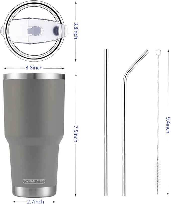 D·S 30oz Grey Tumbler Stainless Steel Insulated Travel Mug with Straw Lid Cleaning Brush (30oz Grey)