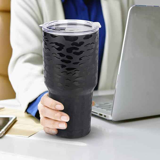 D·S 30oz Black Leopard Tumbler Stainless Steel Insulated Travel Mug with Straw Lid Cleaning Brush