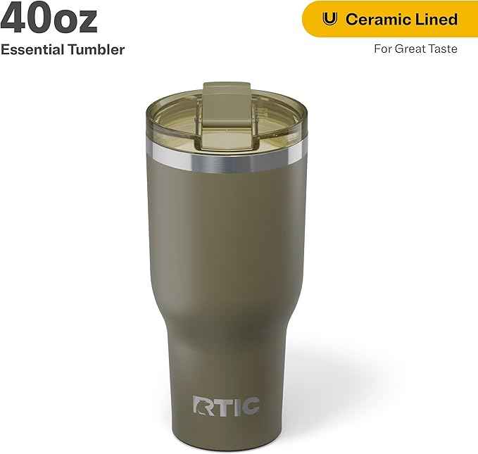 RTIC 40oz Essential Tumbler with Lid, Ceramic Lined, Insulated, Stainless Steel, Metal, Double Wall Vacuum-Insulation, Travel Cup for Iced Coffee, Tea, Hot and Cold Drink, Olive