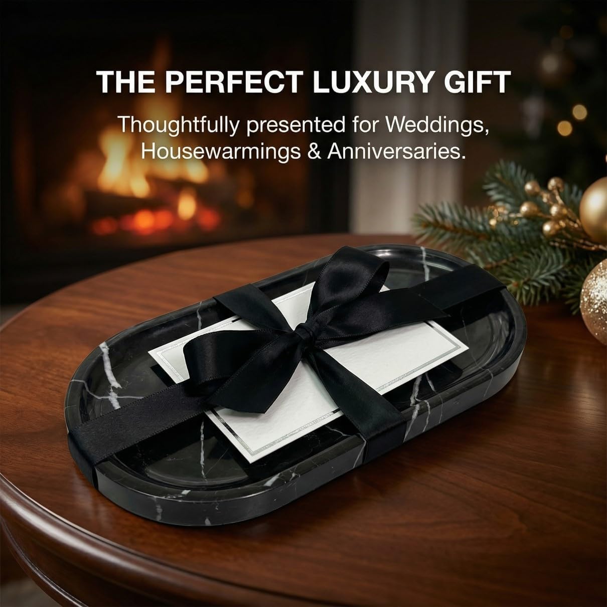 Black Marble Vanity Tray - 100% Natural Stone Bathroom Countertop Organizer for Perfume & Jewelry, 10" Heavy Rectangular Decorative Plate for Toilet Tank & Kitchen Sink, Polished & Non-Slip