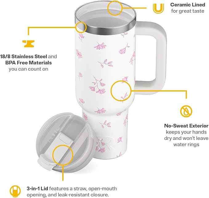 RTIC 40 oz Road Trip Tumbler Double-Walled Cermaic Lined Insulated Stainless Steel Portable Travel Coffee Mug Cup with Lid, Handle and Straw, Pink Magnolias