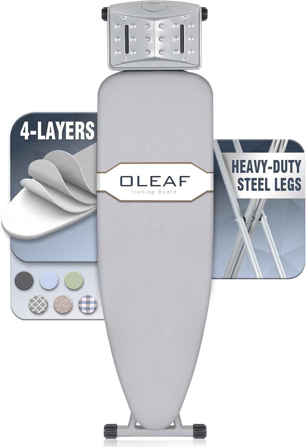 oleaf Ironing Board with Cover and Thicken Pad Height Adjustable Full Size Foldable Iron Board with Iron Rest, Stable Steel Legs, Metal Construction, Heat Resistant, Silver