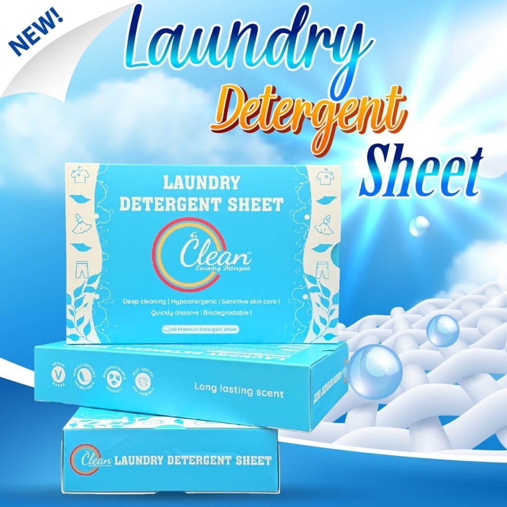 Clean Laundry Detergent™– Hypoallergenic, Eco-Friendly, Plant-Based, Biodegradable, 100% Natural – Gentle on Skin & Fabrics, Fresh Scent, 60 Premium Detergent Sheet