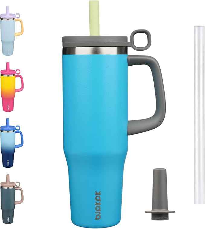 BJPKPK Insualted Tumblers with Handle and Straw 40oz Stianless Steel Travel Coffee Mug Thermal Cups with Lid,Reef Blue