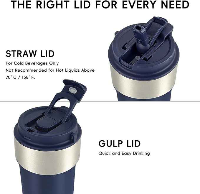 Insulated Coffee Mug, 17oz Stainless Steel Travel Mug with Flip-Top Straw Lid, Leak Proof Vacuum Insulated Tumbler, Reusable Coffee Cup for Hot & Cold Drinks, Dark Blue