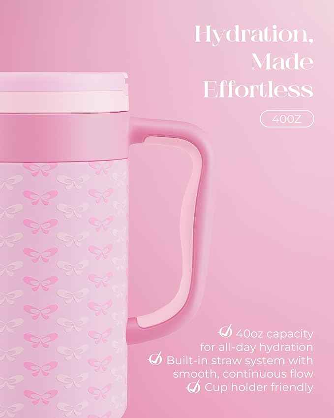 40 oz Insulated Tumbler with Handle and Push-Button Straw Lid, Stainless Steel Travel Cup for Gym Office, Leakproof, BPA-Free, Cup Holder Friendly, Bow Silicone Boot, Pink (Coquette Candy)