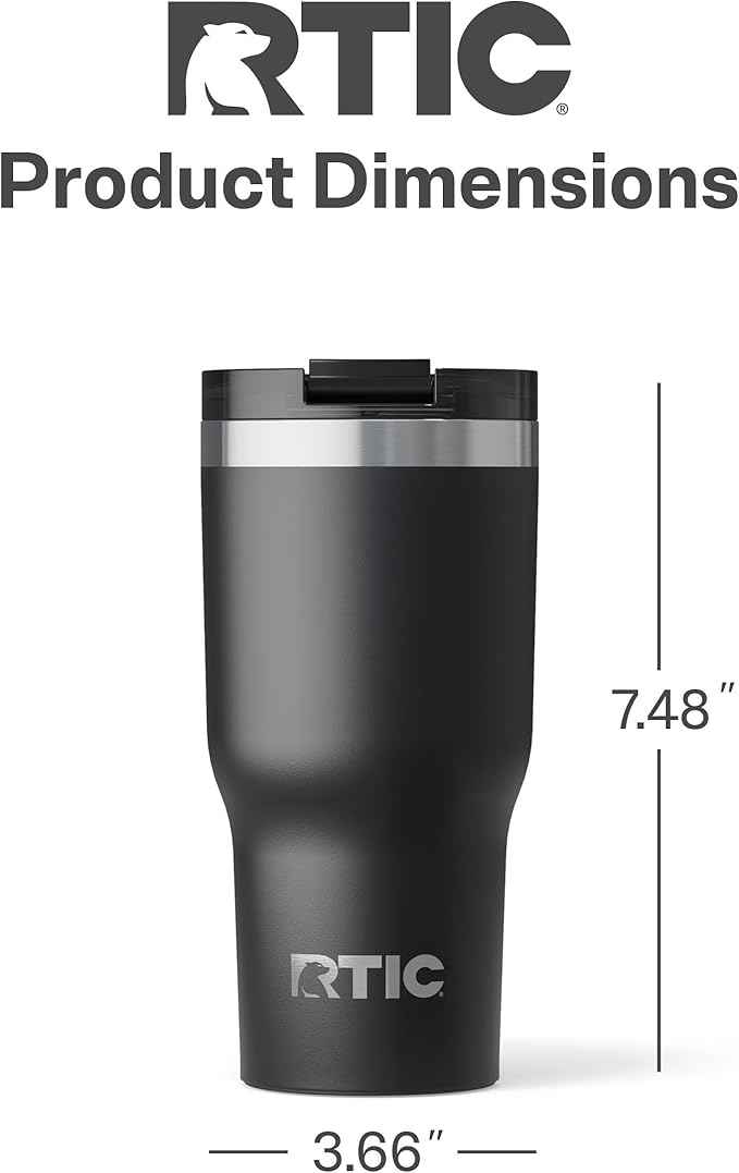 RTIC 20oz Essential Tumbler with Lid, Ceramic Lined, Insulated, Stainless Steel, Metal, Double Wall Vacuum-Insulation, Travel Cup for Iced Coffee, Tea, Hot and Cold Drink, Black
