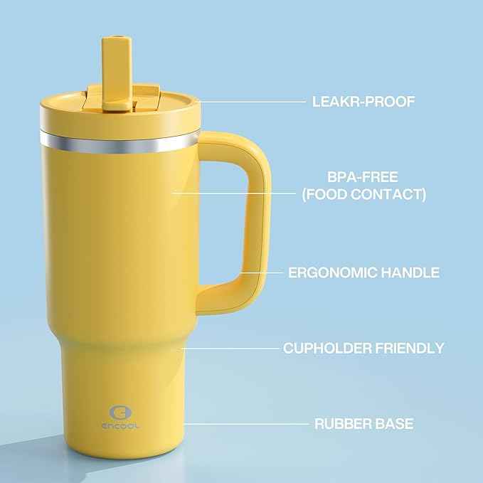 32 oz Tumbler with Handle and Straw: Stainless Steel Insulated Tumbler Keeps Cold for 24 Hours, Leakproof Travel Cup Fits in Cup Holder and BPA-Free, Elfin Yellow