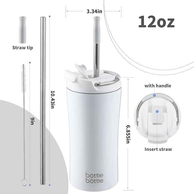 BOTTLE BOTTLE Coffee Tumbler with Dual-use Lid and Straw Double Walled Iced Travel Coffee Mug for Woman and Man 12 oz Stainless Steel Insulated Tumbler with Handle (white)