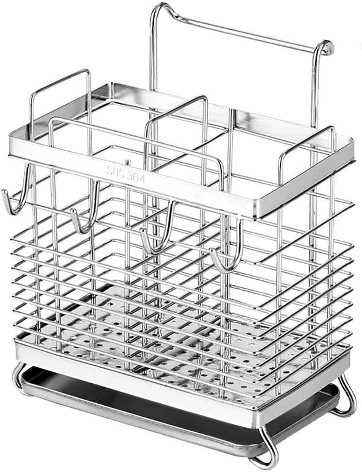 Sturdy 304 Stainless Steel Utensil Drying Rack, Basket Holder with Hooks 2 Compartments Draining Basket, Rust Proof, No Drilling,Kitchen Dish Drainer Dish Drying Rack