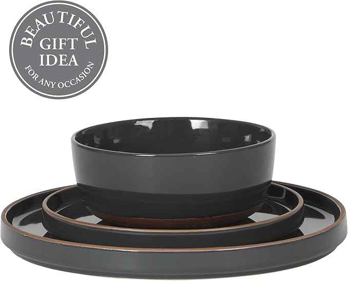 Gibson Elite Northrock Stoneware Dinnerware Set, 12-Piece Service for 4 Plates and Bowls Set – Charcoal Blue Dishes with Hand-Painted Terracotta Base