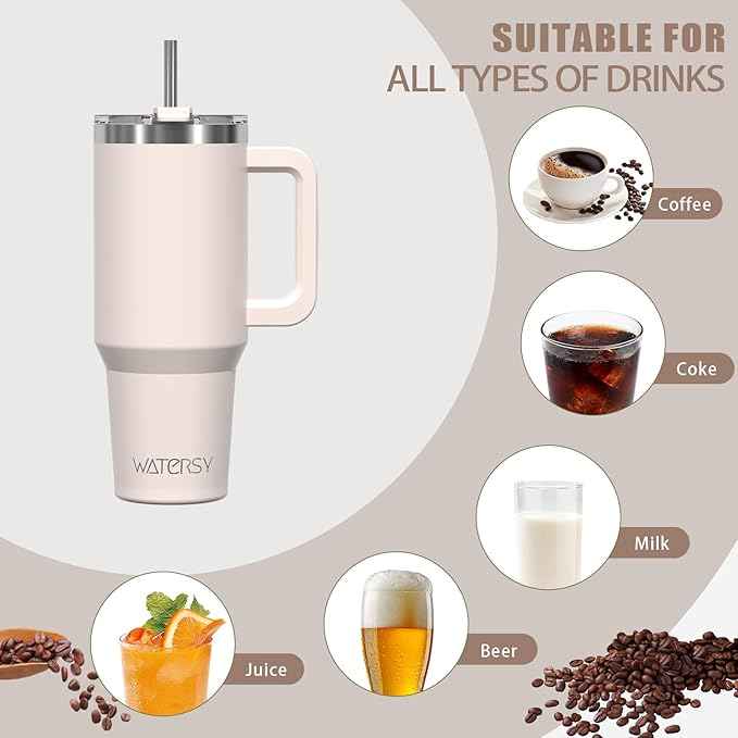 20 oz Tumbler with Handle,Tumbler with Lid and Straw,Double Wall Insulated Cup Stainless Steel Travel Mug(Cold for 34 Hours),Water Bottle for Iced Tea,Coffee,Cold Beverages(Ivory Beige)