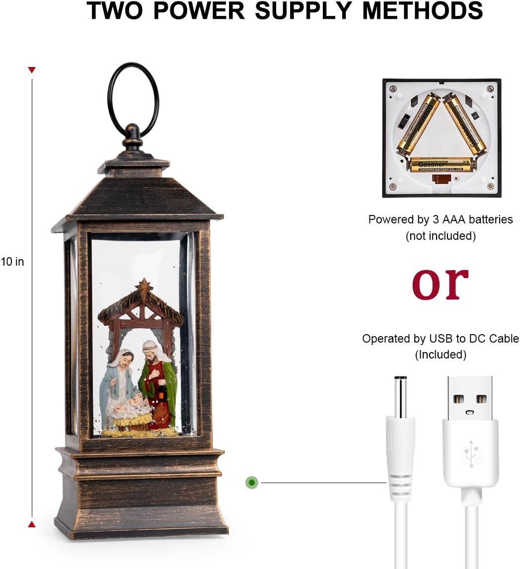 10'' Musical Snow Globe Lantern Lighted Nativity Manger Scene Water Lantern Swirling Glittering Home Decoration and Gift, Battery Operated or USB Powered