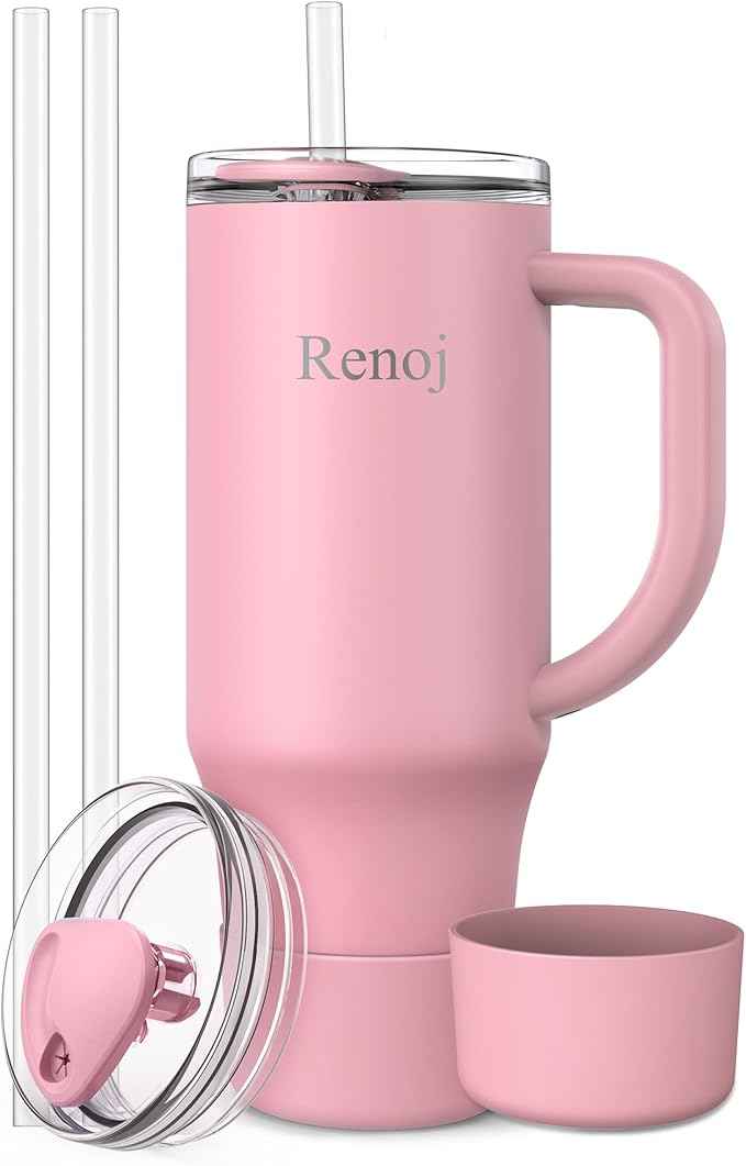 Renoj Insulated Mug 100% Spill Resistant Insulated Water Bottle for Iced Coffee & Hot Drinks - Fits Car Cup Holder, Ideal Gift, 2 Straws & Silicone Boot - FlexSlide Pink 40 oz