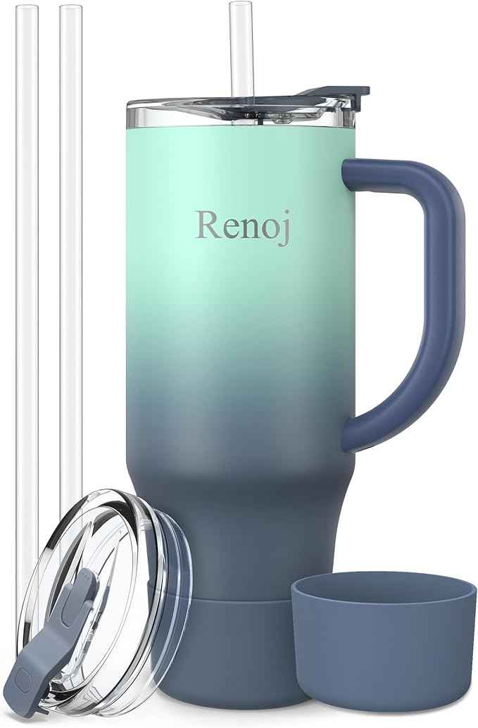 Renoj Insulated Mug 100% Leak Proof Insulated Water Bottle for Iced Coffee & Hot Drinks - Fits Car Cup Holder, Ideal Gift, 2 Straws & Silicone Boot - SnapShift Blue 40 oz