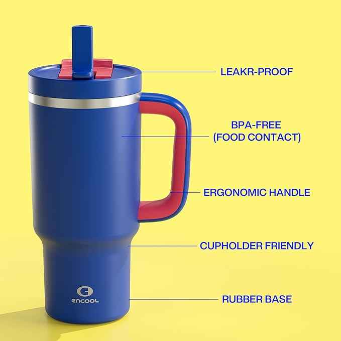 32 oz Tumbler with Handle and Straw: Stainless Steel Insulated Tumbler Keeps Cold for 24 Hours, Leakproof Travel Cup Fits in Cup Holder and BPA-Free,Beaucoup Blue