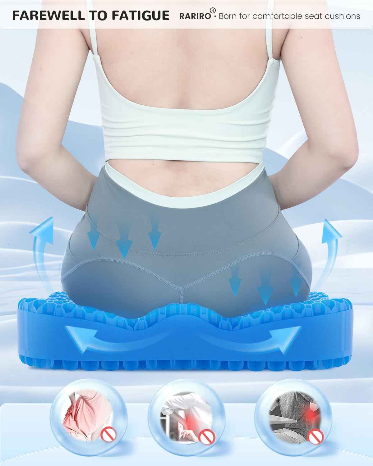Gel Seat Cushion for Long Sitting(Enlarged & Thickened), Cooling Pressure Relief Seat Cushion for Wheelchair, Driving, Kayak, Office Desk Chair Seat Pad Gel for Heavy People[Blue-19.7" Large]