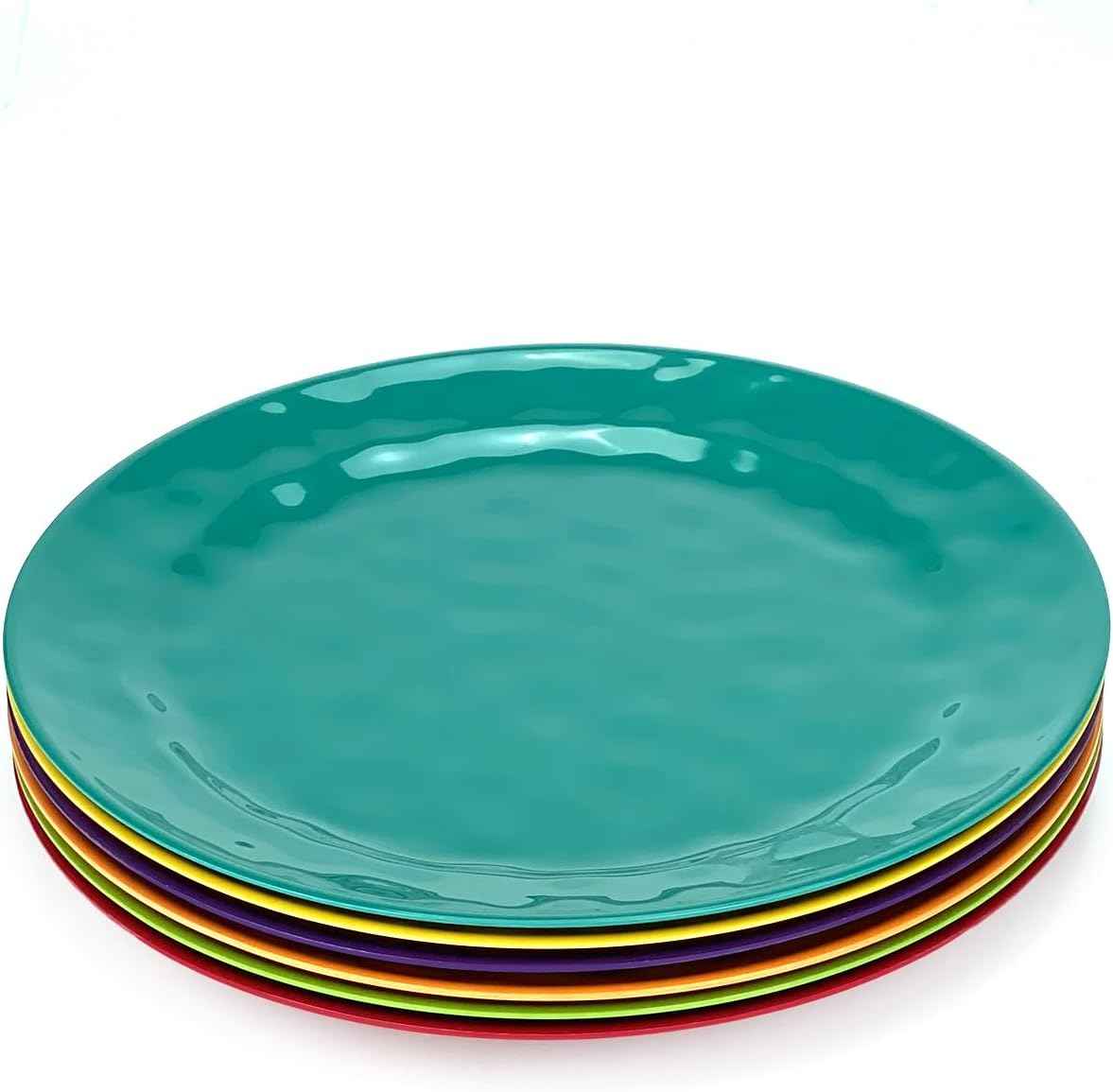 6-Piece 100% Melamine Dinner/Lunch Plate Set,10inch Round Melamine Salad Plates Picnic Plates for Holiday Home Party,Break-resistant and Lightweight,Hammered Finish,BPA Free (Multi color)
