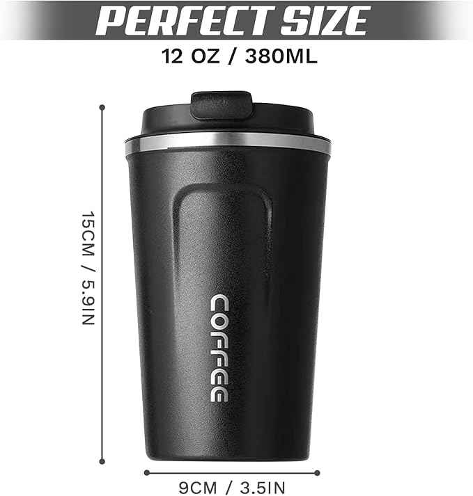 SPLMIFA Travel coffee mugs leak-proof, reusable coffee cups with lids, stainless steel vacuum insulated coffee tumblers, thermal insulation cups for men & women keep drinks hot & cold(2nd-Black, 12OZ)