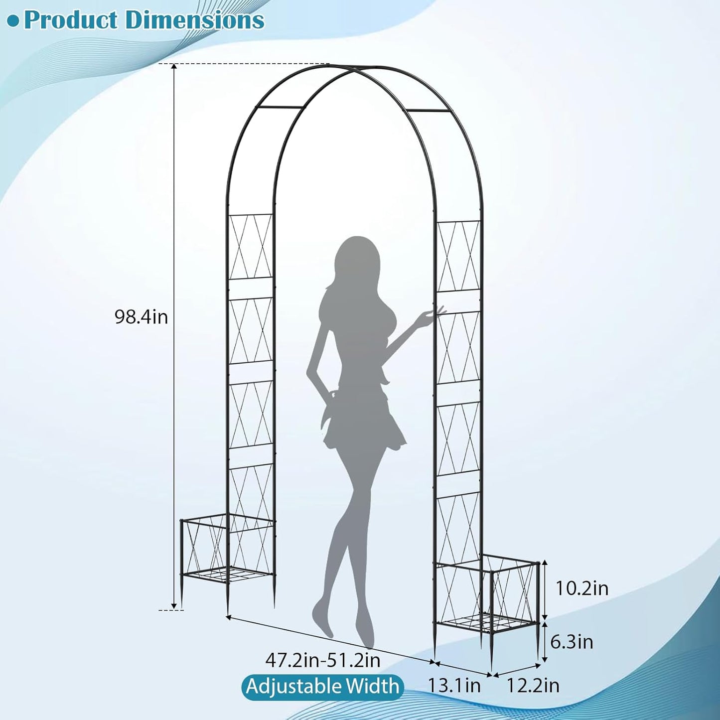 8.2 Ft Garden Arch Trellis for Climbing Plants Outdoor, Wedding Arch Frame for Ceremony Garden Arbors and Arches with 2 Planter Boxes, Metal Arch Backdrop Stand for Party Halloween Archway, Black