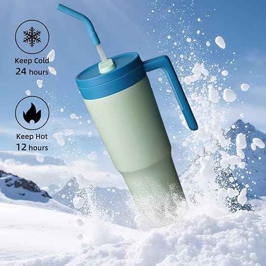 Konokyo Insulated Tumbler with Handle and Straw,40 OZ Vacuum Stainless Steel Water Bottle Travel Mug Metal Cup with Fruit Diffuser,Mist Blue
