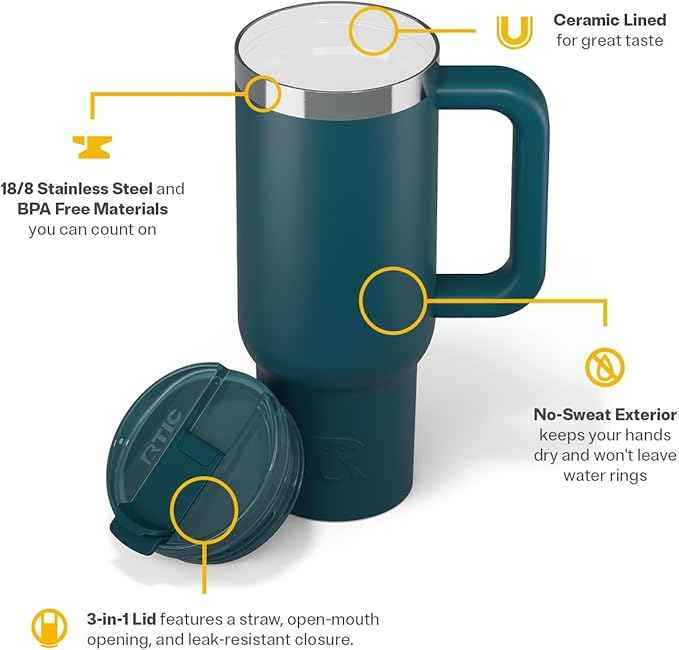 RTIC 30 oz Road Trip Tumbler Double-Walled Ceramic Lined InsulatedStainless Steel Portable Travel Coffee Mug Cup with Lid, Handle and Straw, Marine