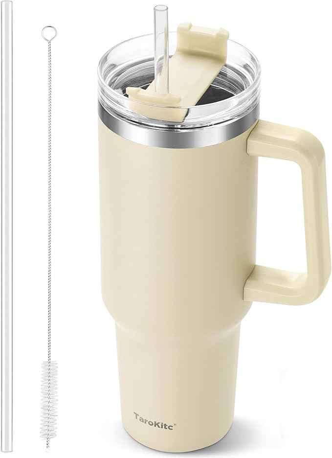 TaroKitc 40 oz Tumbler with Handle | Stainless Steel Insulated Iced Coffee Cup with Lids and Straw | Insulated Travel Mug | Keeps Drinks Cold for 34 Hours | Dishwasher Safe, BPA Free | Cream