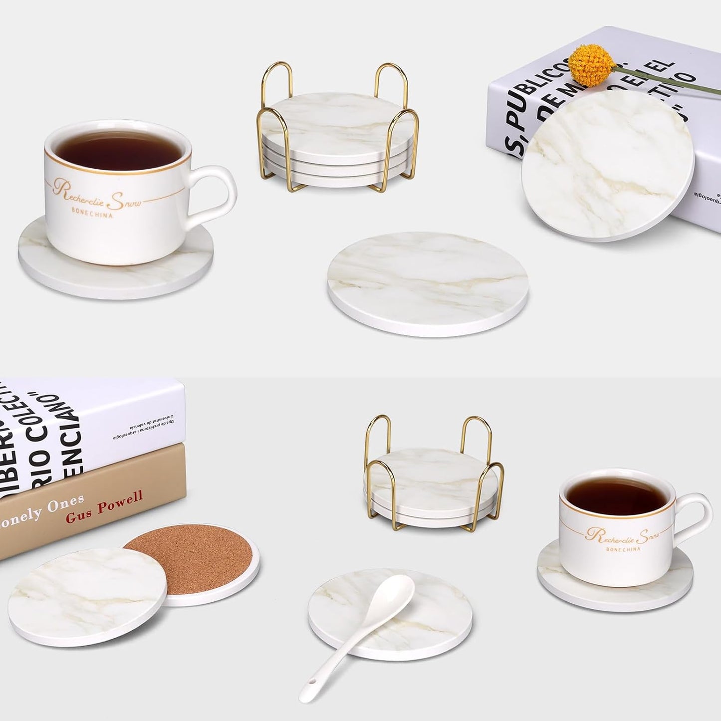 White Marble Style Ceramic Coasters Set of 6 with Holder Modern Coffee Table Decor Drink Coaster Gifts Absorbent Stone Coasters for Rustic Farmhouse Bar