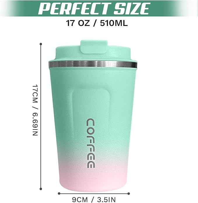 SPLMIFA Travel Coffee Mug Leak-Proof, Reusable Coffee Cups with Lids, Stainless Steel Vacuum Insulated Coffee Tumblers, Thermal Insulation Cup for Men and Women Hot & Cold Drinks(2nd-Green Pink, 17OZ)