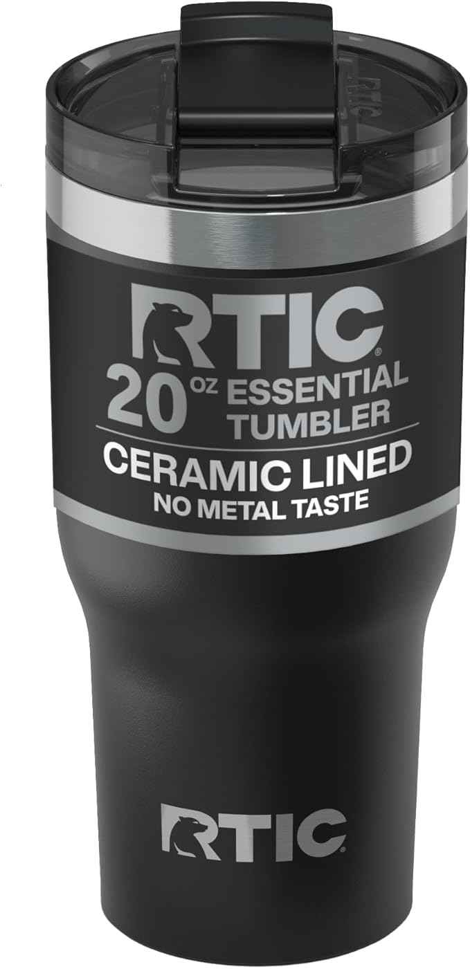 RTIC 20oz Essential Tumbler with Lid, Ceramic Lined, Insulated, Stainless Steel, Metal, Double Wall Vacuum-Insulation, Travel Cup for Iced Coffee, Tea, Hot and Cold Drink, Black