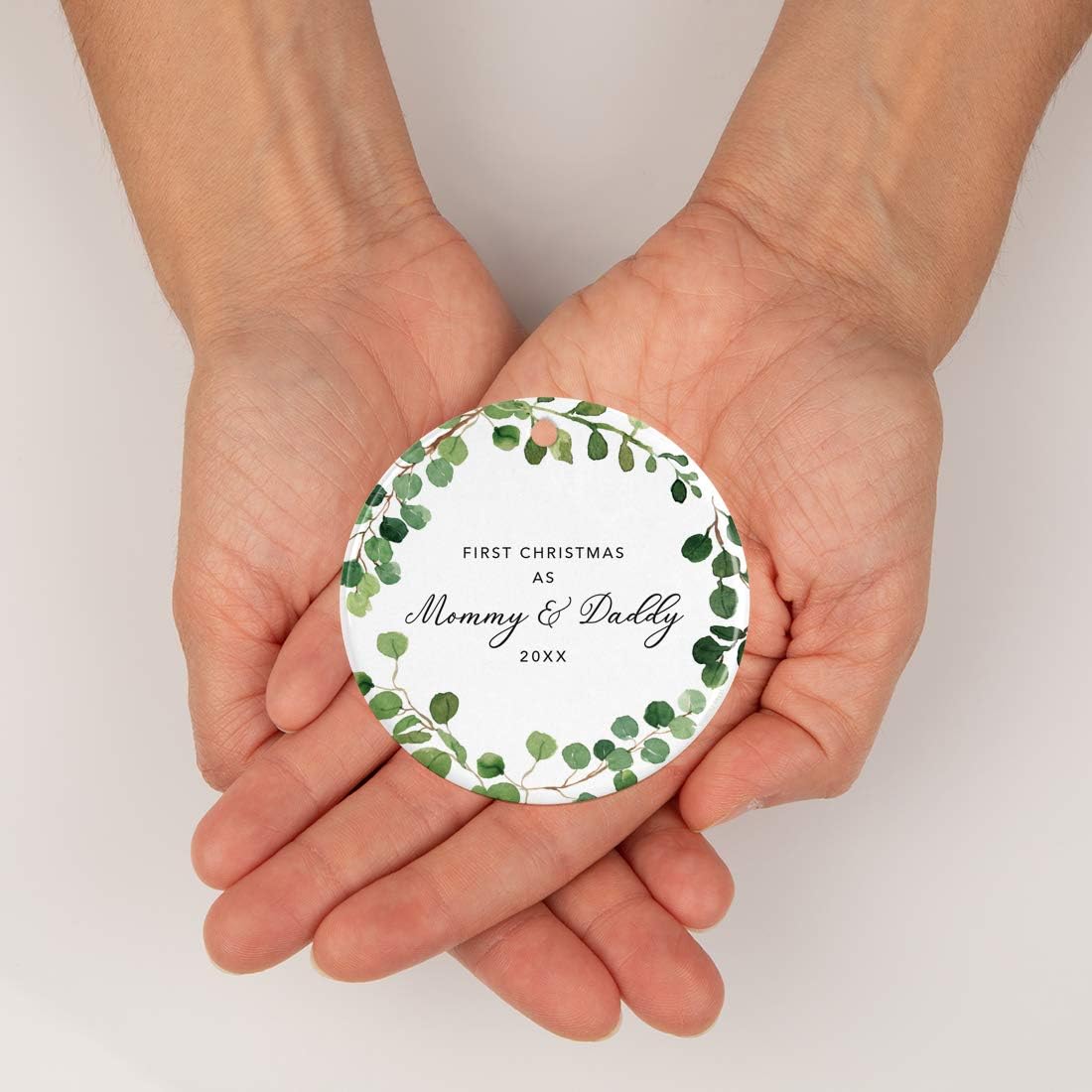 Andaz Press Custom Year Round Ceramic Porcelain Christmas Tree Ornament Keepsake Collectible Gift, First Christmas as Mommy & Daddy 2025, Farmhouse Eucalyptus Wreath, 1-PackNew