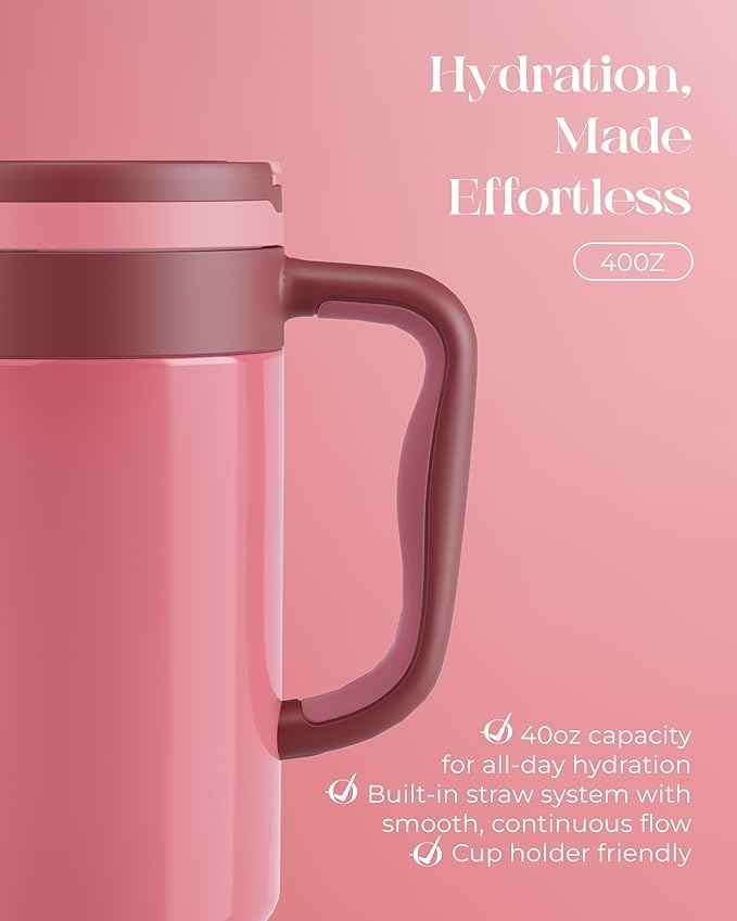 40 oz Insulated Tumbler with Handle and Push-Button Straw Lid, Stainless Steel Travel Cup for Gym Office, Leakproof, BPA-Free, Cup Holder Friendly, Bow Silicone Boot, Pink (Dusty Rose)