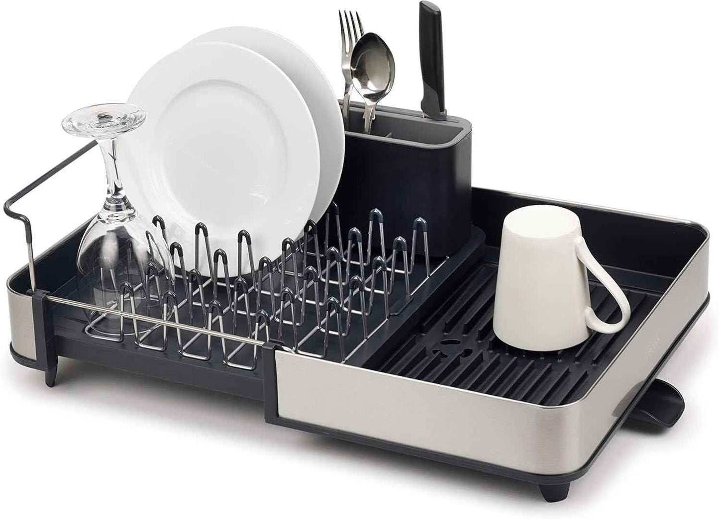 Joseph Joseph Extendable Dish Drying Rack with Dual Parts - Stainless Steel, Non-Scratch, Movable Utensil Drainer & Drainage Spout, Gray