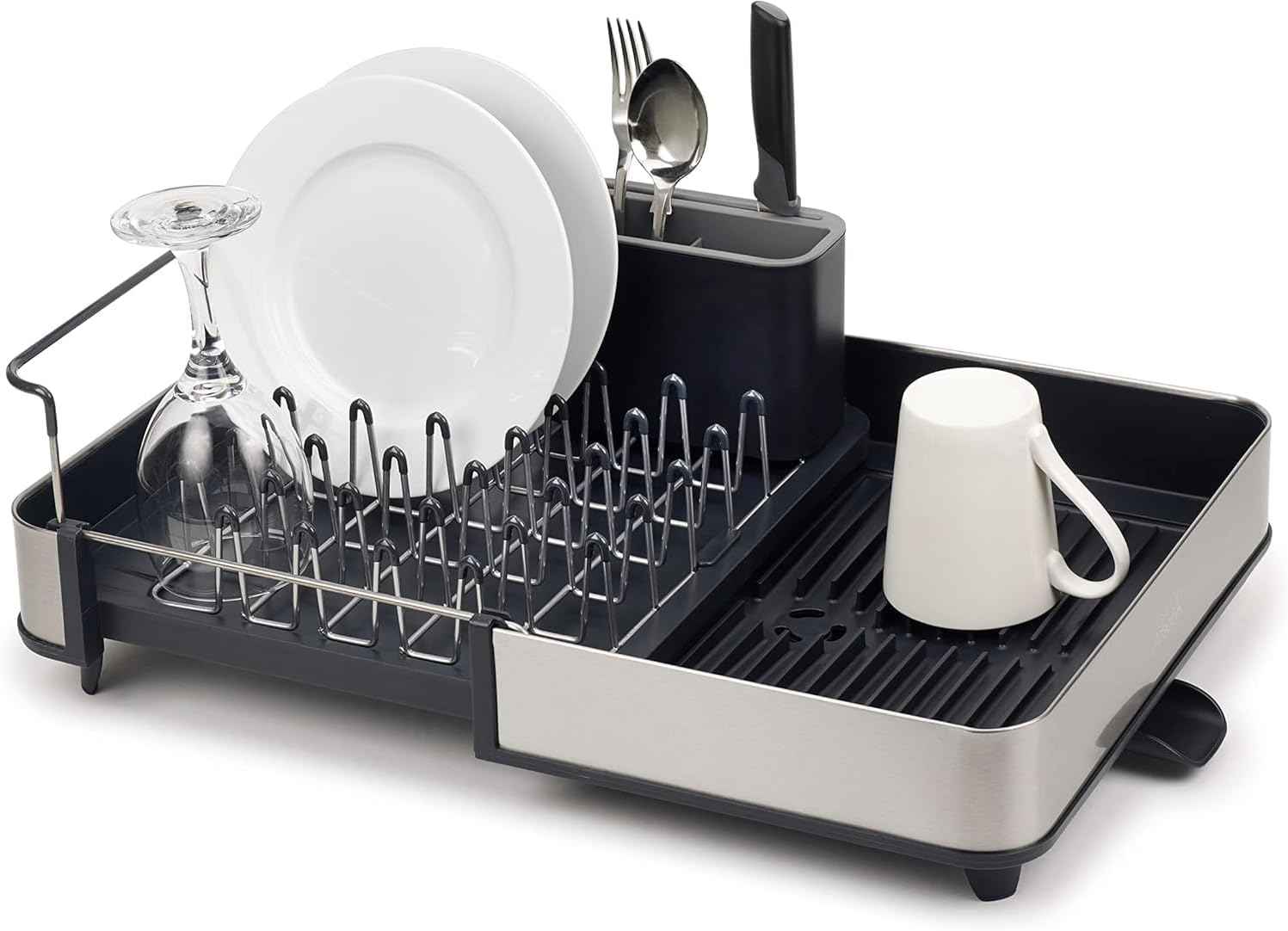 Joseph Joseph Extendable Dish Drying Rack with Dual Parts - Stainless Steel, Non-Scratch, Movable Utensil Drainer & Drainage Spout, Gray