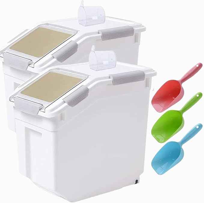 Saim Rice Container 25 lbs, Large Airtight Flour Storage Container with Wheels Measuring Cup, 2 Pack a Set BPA free Food Bin Grain Organizer Box for Dry Baking Supplies Kitchen Pantry Cereal (Gray)
