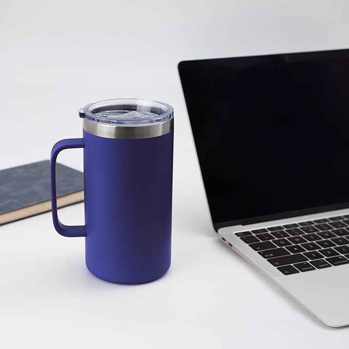 DOMICARE 24oz Mug with Handle and Lid, Stainless Steel Coffee Mug, Travel Mug with Handle, Double Wall Vacuum Coffee Tumbler, Reusable Insulated Cup, Dark Blue, Pack 8