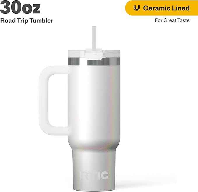 RTIC 30 oz Road Trip Tumbler Double-Walled Ceramic Lined InsulatedStainless Steel Portable Travel Coffee Mug Cup with Lid, Handle and Straw, White Glitter