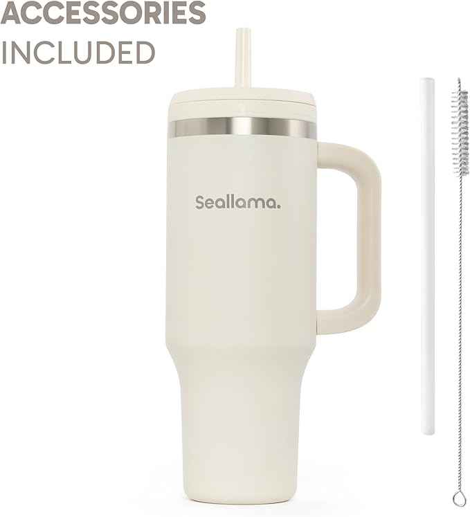 Seallama. Tumbler with Handle and Straw 40 oz | Cup Holder Compatible for Travel | Insulated Stainless Steel Cup | BPA-Free | (Oat Latte)