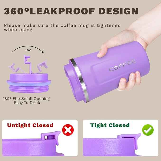 SPLMIFA Travel coffee mugs leak-proof, reusable coffee cup with lid, stainless steel vacuum insulated coffee tumblers, thermal insulation cups for men & women keep drinks hot & cold (2nd-Purple, 17OZ)