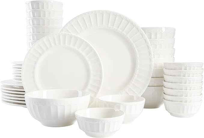 Gibson Home Zen Buffet Porcelain Ceramic Dinnerware Sets for 8, Plates and Bowls Set (40pcs), White Embossed Dishes