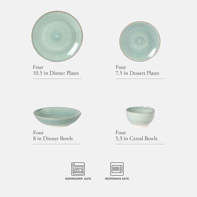 Gibson Home Stonebury 16 Piece Plates and Bowls Teal Dishes - Handpainted Stoneware Dinnerware Set - Service for 4