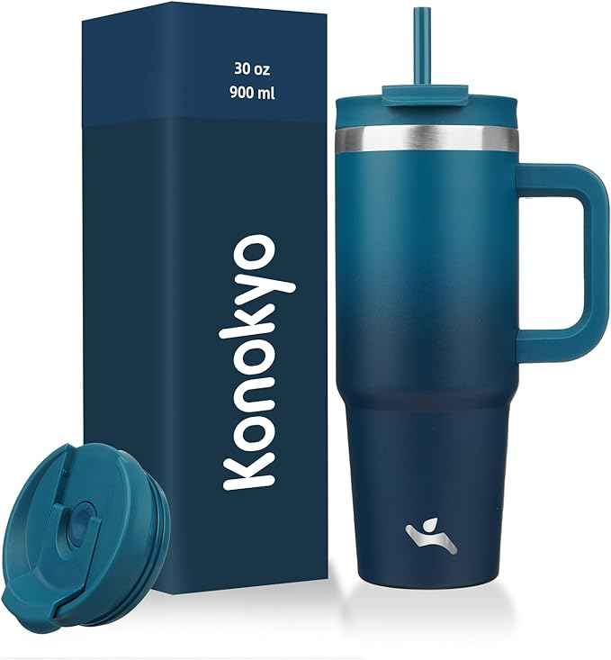 Konokyo 30 oz Tumbler with Handle and 2 Straws,2 in 1 Lid Insulated Water Bottle Stainless Steel Travel Coffee Mug,Indigo Black