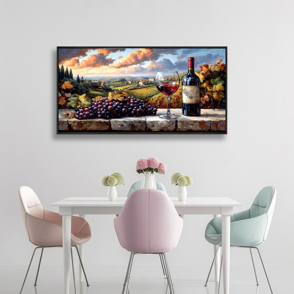 HUADAOART Kitchen Wall Decor Framed Canvas Print Grape Wine Glass Estate Wall Art for Restaurant Rural Landscape Pictures Office Home Decoration 20 x 40 inches Ready to Hang