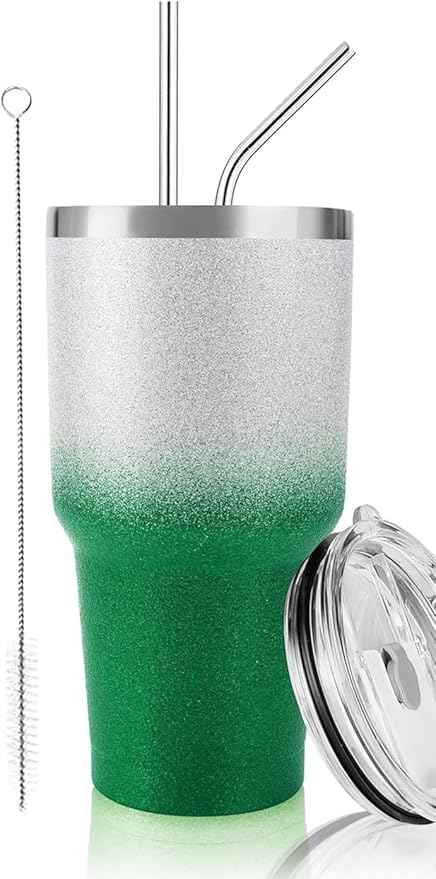 D·S 30 oz Tumbler Christmas Green Glitter Gradient Cup Stainless Steel Double Wall Vacuum Insulated Mug with Straw and Lid, Cleaning Brush for Cold and Hot Beverages