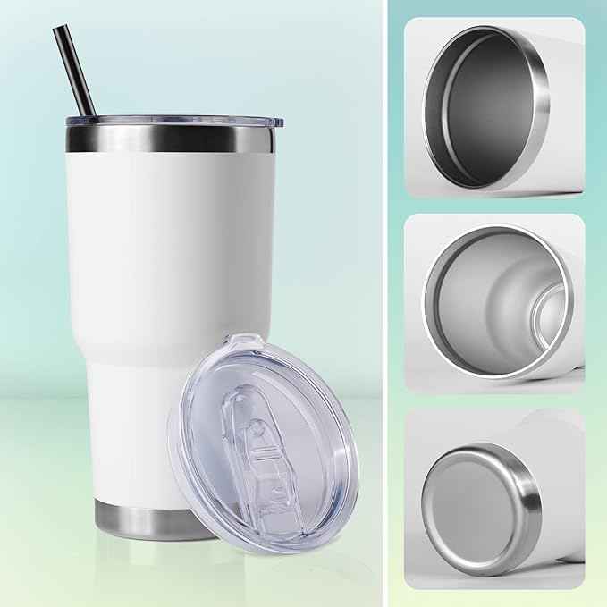 DOMICARE 30 oz Tumbler with Lid and Straw, Stainless Steel Tumblers Bulk, Insulated Vacuum Double Wall Travel Coffee Mug, Durable Powder Coated Tumbler Cup (White, 1)